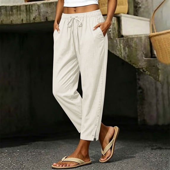 Yteetum Women's Cotton Linen Barrel Pants Drawstring High Waisted Wide Leg Pant Women Summer Fall Causal Solid Loose Comfy Side Split Buttons Hem Trousers