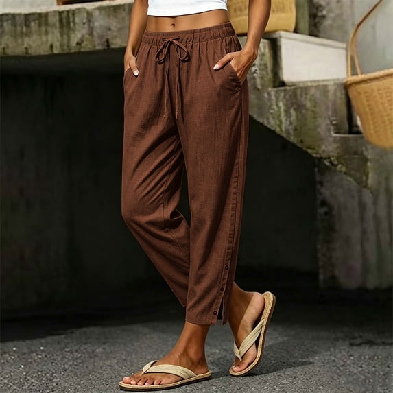 Yteetum Women's Cotton Linen Barrel Pants Drawstring High Waisted Wide Leg Pant Women Summer Fall Causal Solid Loose Comfy Side Split Buttons Hem Trousers