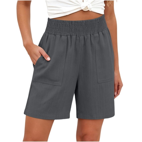 Yteetum Women's Cotton Linen Shorts Summer Mid Rise Elastic Waist Shorts Casual Solid Loose Lightweight Breathable Travel Vacation Shorts