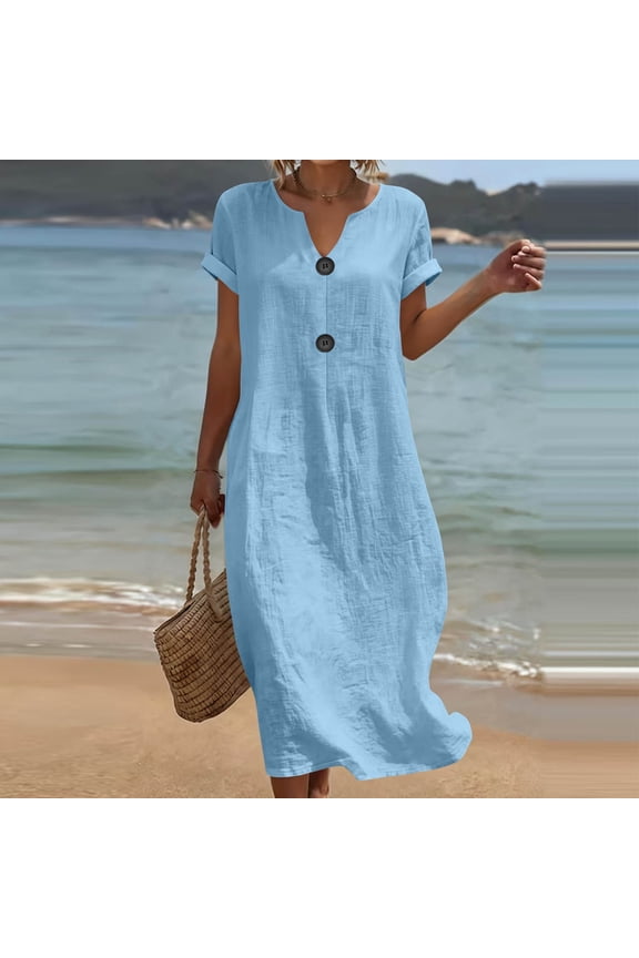 Women's Cotton Linen Summer Dresses Short Sleeve V Neck Button Maxi Dresses Sundress Casual Solid Loose Lightweight Breathable Quickly Dry Beach Vacation Dress