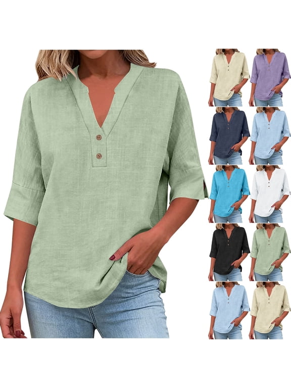 Women's Cotton Linen T Shirts Oversized V Neck Button Up Short Sleeve Shirt Womens Casual Solid Plus Size Loose Comfy Relaxed Fits Soft Breathable Tee Shirt Spring Summer Clothes