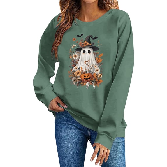 Yteetum Women's Cotton Sweatshirts Oversized Crewneck Long Sleeve Halloween Cute Ghost Print Hoodless Sweatshirt Womens Causal Round Neck Loose Lightweight Comfy Sweat Shirts