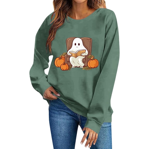 Yteetum Women's Cotton Sweatshirts Oversized Crewneck Long Sleeve Halloween Cute Ghost Print Hoodless Sweatshirt Womens Causal Round Neck Loose Lightweight Comfy Sweat Shirts