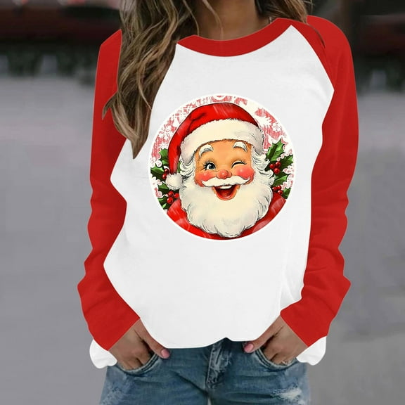 Yteetum Women's Crew Neck Sweatshirts Retro Santa Graphic Loose Soft Long Sleeve Pullover Christmas Hoodless Sweatshirts Tops Womens Casual Christmas Printed Long Sleeve Raglan Round Neck Sweatshirts