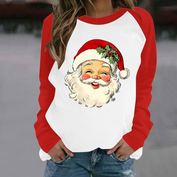 Yteetum Women's Crew Neck Sweatshirts Retro Santa Graphic Loose Soft Long Sleeve Pullover Christmas Hoodless Sweatshirts Tops Womens Casual Christmas Printed Long Sleeve Raglan Round Neck Sweatshirts