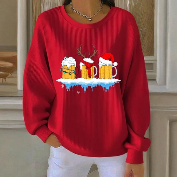 Yteetum Women's Crewneck Christmas Sweatshirts Oversized Christmas Print Hoodless Long Sleeve Knit Pullover Sweatshirt Top Womens Loose Xmas Holiday Print Round Neck Sweatshirts Fall Winter