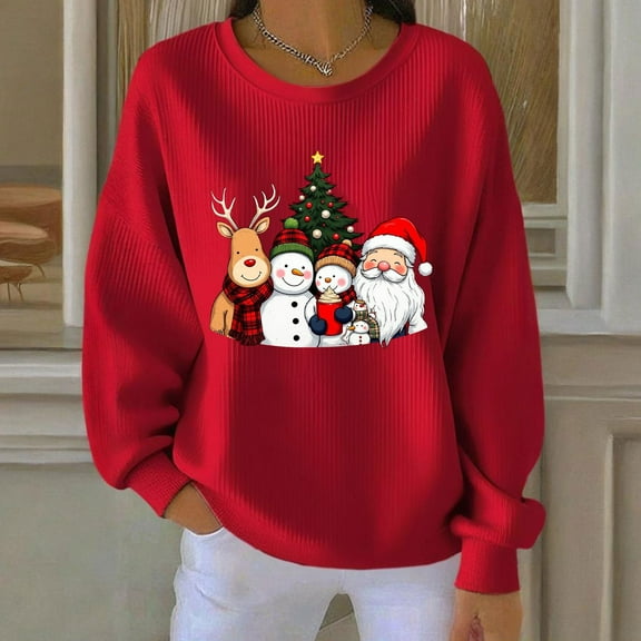 Yteetum Women's Crewneck Christmas Sweatshirts Oversized Christmas Print Hoodless Long Sleeve Knit Pullover Sweatshirt Top Womens Loose Xmas Holiday Print Round Neck Sweatshirts Fall Winter