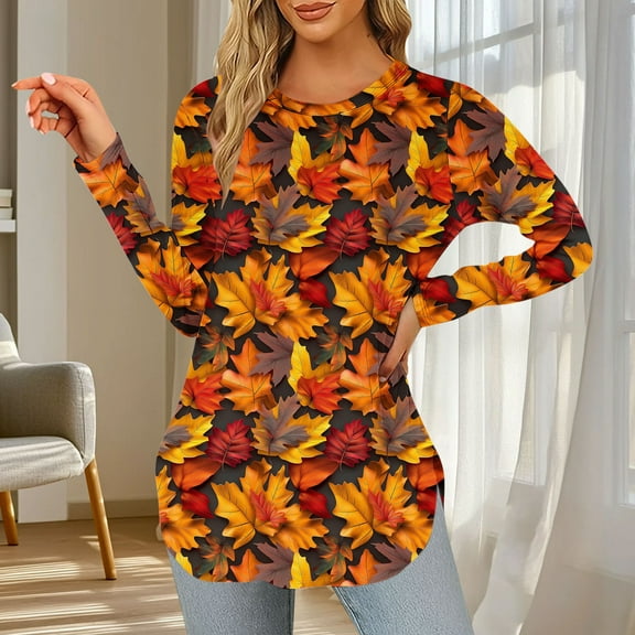 Yteetum Women's Crewneck Long Sleeve Shirts, Fall Casual Maple Leaf Print Loose Soft Tunic T-Shirts for Womens Round Neck Poullover Basic Tee Blouse Tops, Fall and Winter Base Layer Shirts