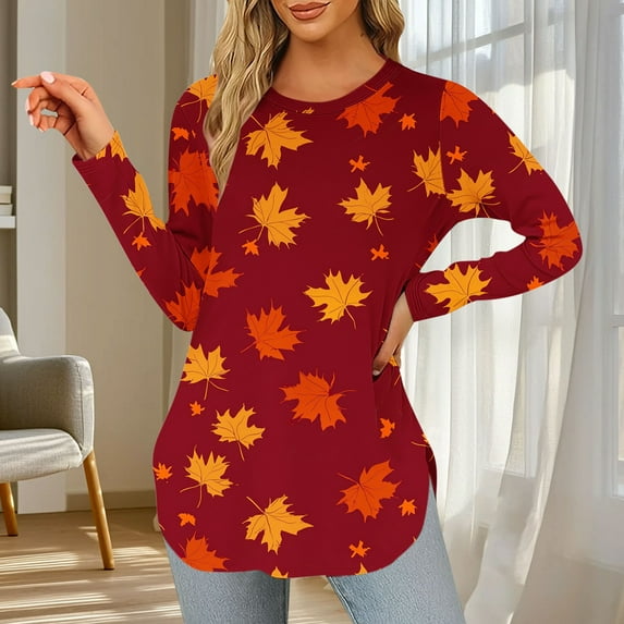 Yteetum Women's Crewneck Long Sleeve Shirts, Fall Casual Maple Leaf Print Loose Soft Tunic T-Shirts for Womens Round Neck Poullover Basic Tee Blouse Tops, Fall and Winter Base Layer Shirts