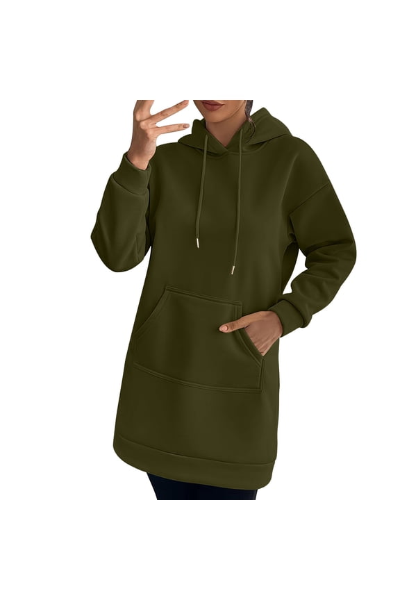 Women's Dress Hoodies Sweatshirts Oversize Warmy Drawstring Hooded Sweatshirts Dress Womens Casual Solid Plus Size Long Sleeve Loose Kangaroo Pocket Hood Dress Tops Fall Sweatshirts for Women