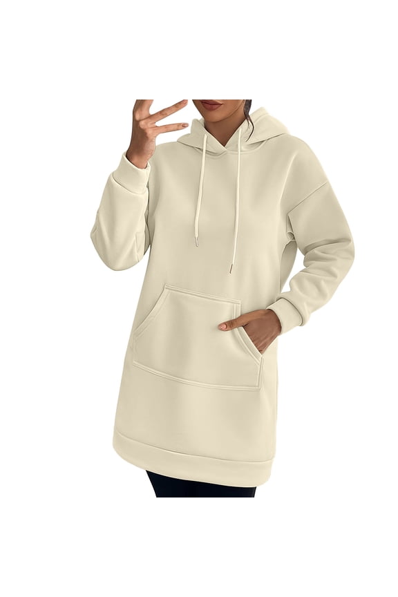 Women's Oversize Hoodies Dress Drawstring Slim Pullover Maxi Hoodie Dress Coats Womens Casual Solid Loose Long Sleeve Hooded Sweatshirt Dress with Belted Pockets Outerwear Fall Clothes