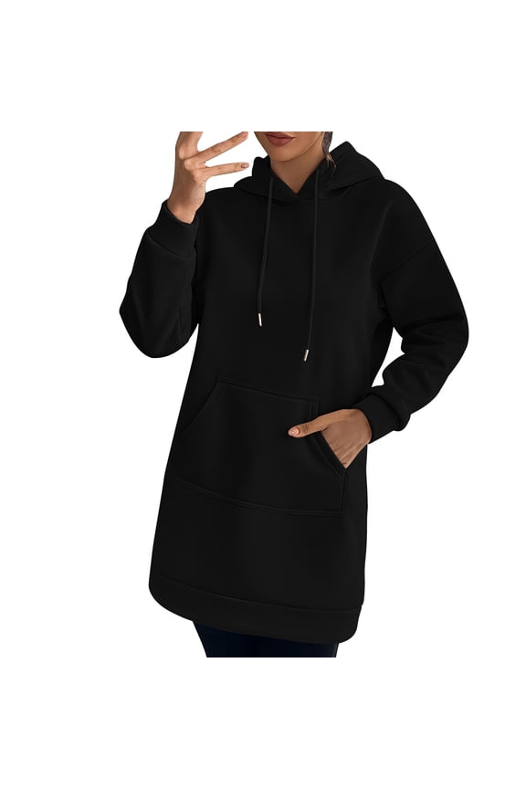 Women's Oversize Hoodies Dress Drawstring Slim Pullover Maxi Hoodie Dress Coats Womens Casual Solid Loose Long Sleeve Hooded Sweatshirt Dress with Belted Pockets Outerwear Fall Clothes