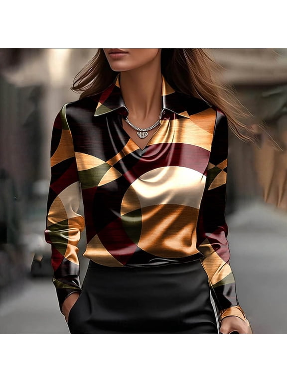 Women's Elegant Satin Cowl Neck Blouses Oversized Dressy Drape Ruched Front Business Long Sleeve Silk Shirt Top Womens Casual Colorblock Print Plus Size Lapel Comfy Office Work Formal T Shirt
