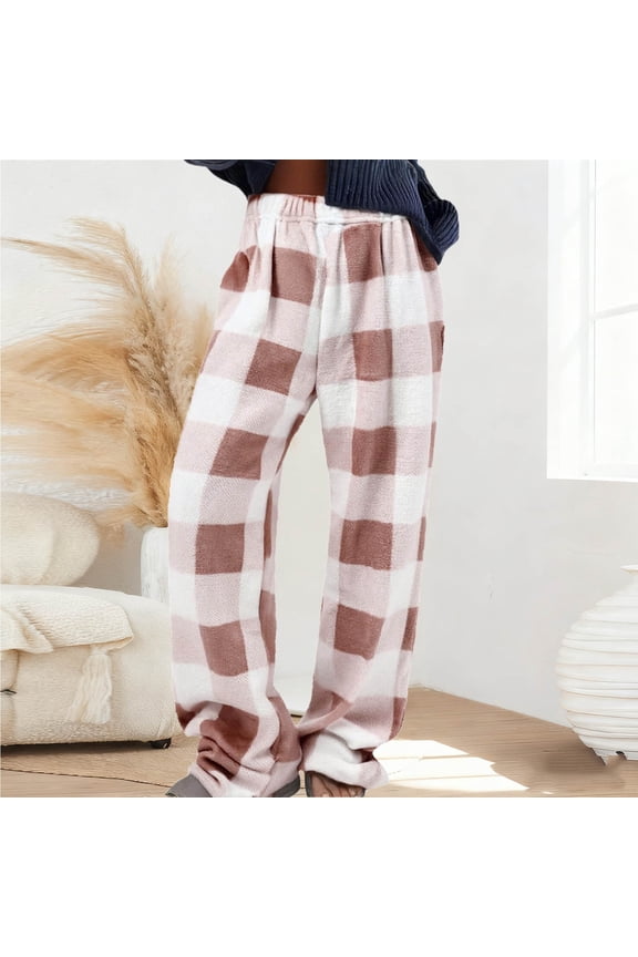 Women's Flannel Pajama Pants Oversized Elastic Waist Plaid Print Flannel Fuzzy Sleepwear Pj Pants Womens Casual Plus Size Loose Fleece Wide Leg Loungewear Pajamas Pants Fall Winter Clothes
