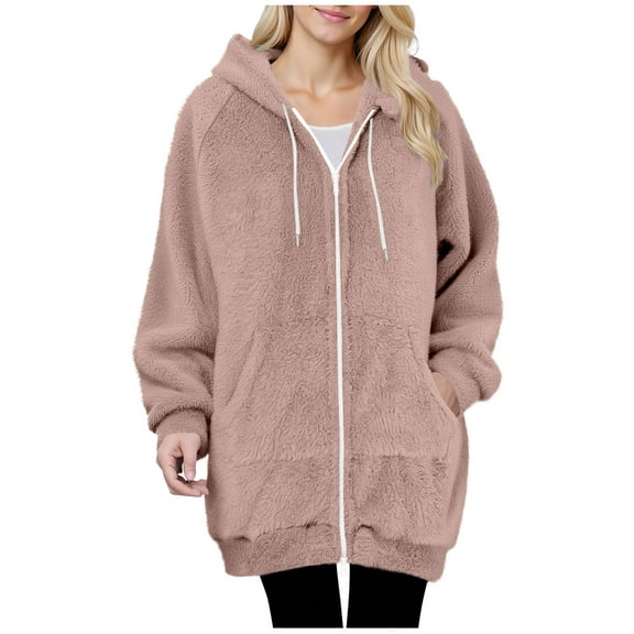 Yteetum Women's Fleece Zip Up Hoodies Oversized Fleece Lined Long Sleeve Drawstring Hood Sweatshirts Jackets Womens Casual Solid Plus Size Zipper Soft Hooded Sweatshirts Pockets Winter Coat Outerwear