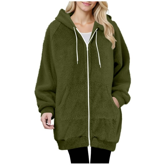 Yteetum Women's Fleece Zip Up Hoodies Oversized Fleece Lined Long Sleeve Drawstring Hood Sweatshirts Jackets Womens Casual Solid Plus Size Zipper Soft Hooded Sweatshirts Pockets Winter Coat Outerwear