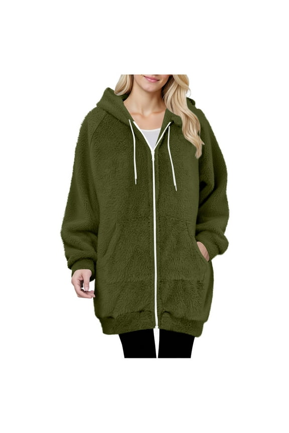 Women's Fleece Zip Up Hoodies Oversized Fleece Lined Long Sleeve Drawstring Hood Sweatshirts Jackets Womens Casual Solid Plus Size Zipper Soft Hooded Sweatshirts Pockets Winter Coat Outerwear