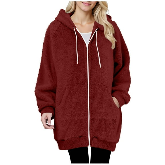 Yteetum Women's Fleece Zip Up Hoodies Oversized Fleece Lined Long Sleeve Drawstring Hood Sweatshirts Jackets Womens Casual Solid Plus Size Zipper Soft Hooded Sweatshirts Pockets Winter Coat Outerwear