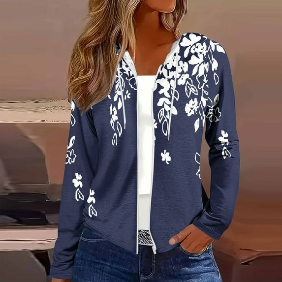 Yteetum Women's Floral Print Full-Zip Cardigan Hoodies Jacket Fall Lightweight Long Sleeve Hoodie Sweatshirts Ladies Casual Comfy Loose Long Sleeve Hoodies Streetwear Fashion Coat with Pockets