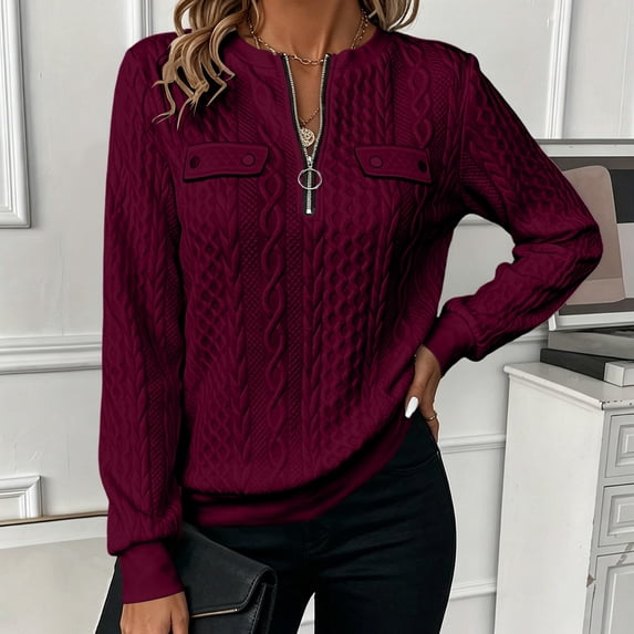 Yteetum Women's Half Zip Sweatshirts Long Sleeve Quarter Zip Crewneck Pullover Sweatshirt Fall Winter Casual Solid Textured Hoodless Sweatshirt