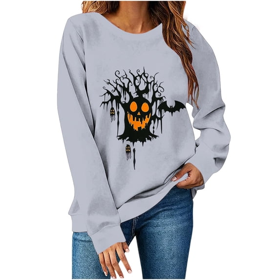 Yteetum Women's Halloween Round Neck Sweatshirts Long Sleeve Ghost Pumpkin Graphic Print Crewneck Sweatshirt Fall Winter Loose Comfy Spooky Season Holiday Sweatshirt Tops