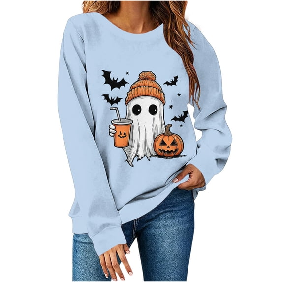 Yteetum Women's Halloween Sweatshirts Long Sleeve Ghost Pumpkin Graphic Print Crewneck Pullover Sweatshirt Fall Winter Loose Comfy Thanksgiving Printed Sweatshirts Tops