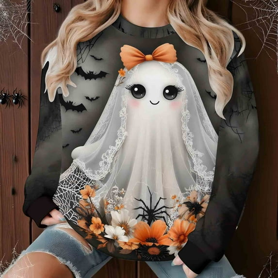 Yteetum Women's Halloween Sweatshirts Oversize Fleece Cute Ghost Graphic Print Crewneck Pullover Sweatshirts Tops Womens Casual Round Neck Loose Sports Long Sleeve Hoodless Sweatshirts Fall Clothes