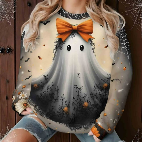 Yteetum Women's Halloween Sweatshirts Oversize Fleece Cute Ghost Graphic Print Crewneck Pullover Sweatshirts Tops Womens Casual Round Neck Loose Sports Long Sleeve Hoodless Sweatshirts Fall Clothes
