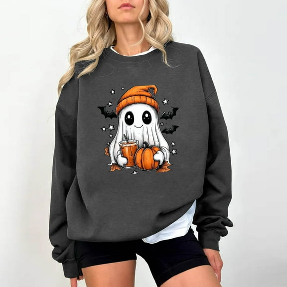 Yteetum Women's Halloween Sweatshirts Oversized Cute Ghost Graphic Print Crewneck Pullover Sweatshirts Tops Womens Casual Ghost Print Round Neck Loose Fits Long Sleeve Hoodless Sweatshirts Fall
