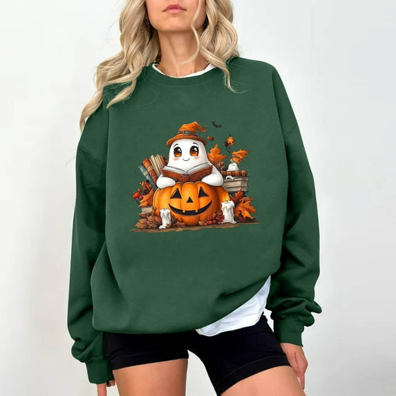 Yteetum Women's Halloween Sweatshirts Oversized Cute Ghost Graphic Print Crewneck Pullover Sweatshirts Tops Womens Casual Ghost Print Round Neck Loose Fits Long Sleeve Hoodless Sweatshirts Fall