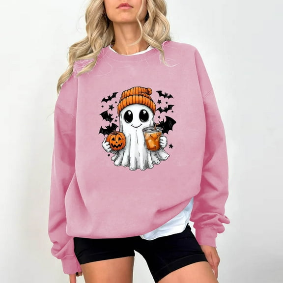 Yteetum Women's Halloween Sweatshirts Oversized Cute Ghost Graphic Print Crewneck Pullover Sweatshirts Tops Womens Casual Ghost Print Round Neck Loose Fits Long Sleeve Hoodless Sweatshirts Fall