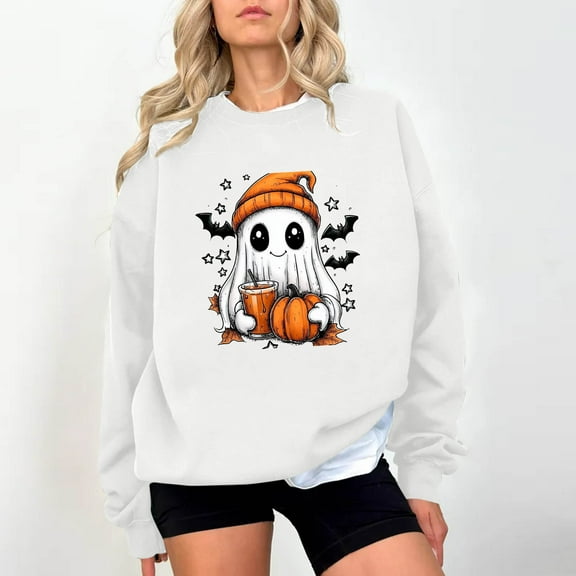 Yteetum Women's Halloween Sweatshirts Oversized Cute Ghost Graphic Print Crewneck Pullover Sweatshirts Tops Womens Casual Ghost Print Round Neck Loose Fits Long Sleeve Hoodless Sweatshirts Fall