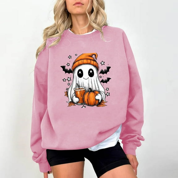 Yteetum Women's Halloween Sweatshirts Oversized Cute Ghost Graphic Print Crewneck Pullover Sweatshirts Tops Womens Casual Ghost Print Round Neck Loose Fits Long Sleeve Hoodless Sweatshirts Fall