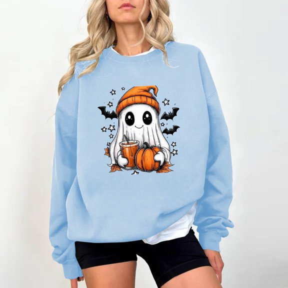 Yteetum Women's Halloween Sweatshirts Oversized Cute Ghost Graphic Print Crewneck Pullover Sweatshirts Tops Womens Casual Ghost Print Round Neck Loose Fits Long Sleeve Hoodless Sweatshirts Fall