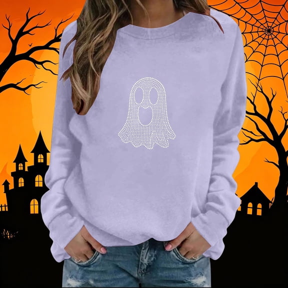 Yteetum Women's Halloween Sweatshirts Rhinestone Hot Stamping Ghost Graphic Crewneck Sweatshirt Women Fall Solid Loose Comfy Long Sleeve Spooky Season Holiday Party Shirts
