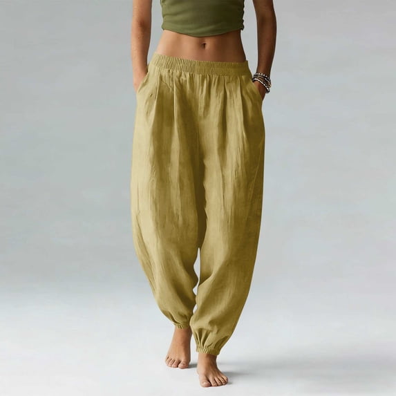 Yteetum Women's Linen Harem Pants Elastic Waist Cotton Linen Joggers Pant Women Summer Fall Solid Loose Comfy Tapered Boho Trousers