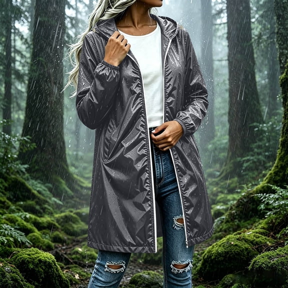 Yteetum Women's Long Raincoats Rain Jackets Packable Waterproof Windbreaker Zipper Hooded Jackets Solid Lightweight Travel Hiking Rain Coats