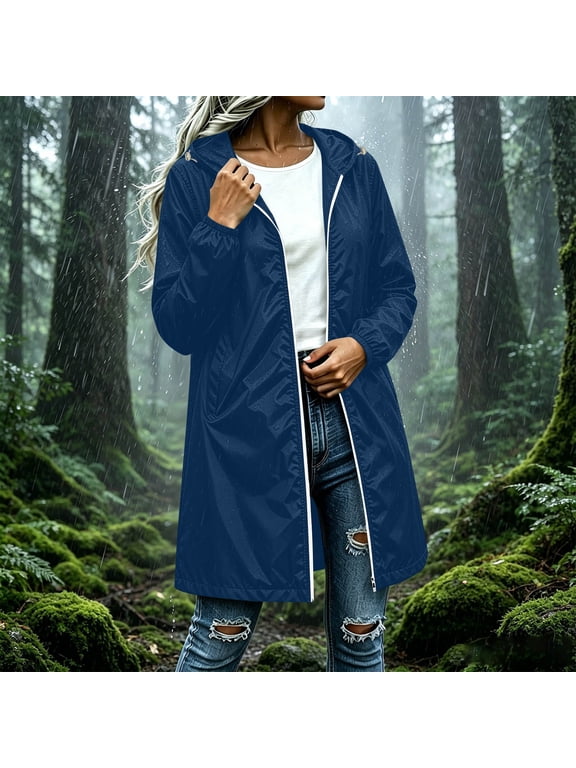 Women's Long Raincoats Rain Jackets Packable Waterproof Windbreaker Zipper Hooded Jackets Solid Lightweight Travel Hiking Rain Coats