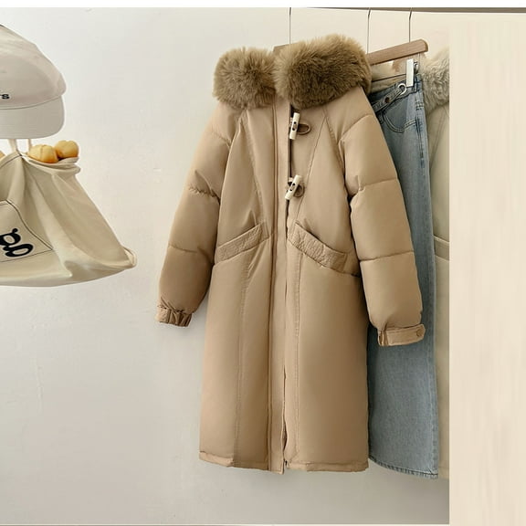 Yteetum Women's Long Winter Puffer Coats Oversized Thicken Windproof Warm Down Hooded Puffer Jacket Faux Fur Hooded Parkas Womens Mid-Length Thicken Hooded Long-Sleeve Coats Fall Winter Clothes