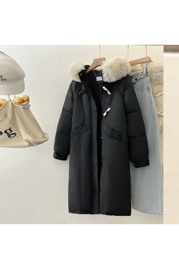 Women's Long Winter Puffer Coats Oversized Thicken Windproof Warm Down Hooded Puffer Jacket Faux Fur Hooded Parkas Womens Mid-Length Thicken Hooded Long-Sleeve Coats Fall Winter Clothes
