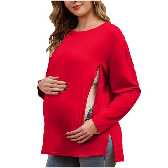 Yteetum Women's Maternity Long Sleeve Shirts Oversized Crewneck Pregnancy Nursing Breastfeed Hidden Zipper Side Split T Shirts Top Womens Casual Solid Plus Size Round Neck Loose Comfy Soft Tee Shirt