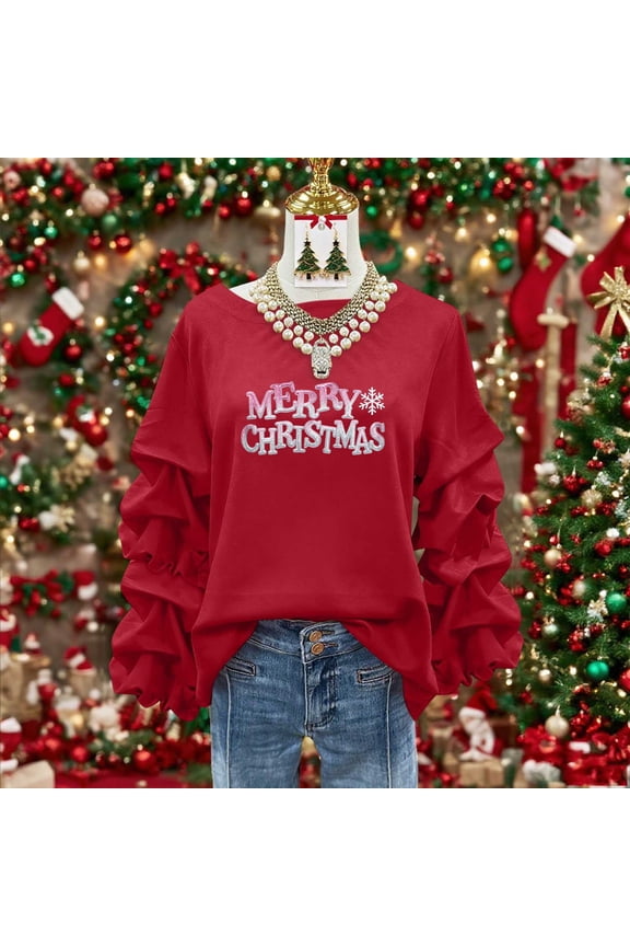 Women's Merry Christmas Sweatshirts Oversized Crewneck Christmas Pleated Ruffle Trim Pullover Hoodless Sweatshirts Tops Womens Casual Xmas Graphic Round Neck Loose Lantern Sleeve Sweatshirts