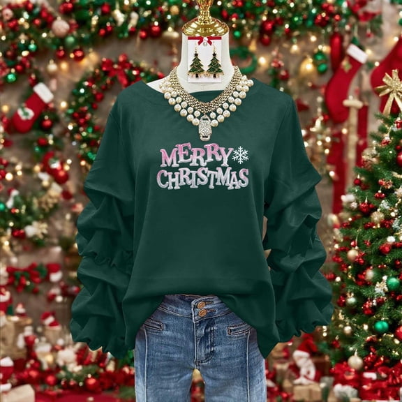 Yteetum Women's Merry Christmas Sweatshirts Oversized Crewneck Christmas Pleated Ruffle Trim Pullover Hoodless Sweatshirts Tops Womens Casual Xmas Graphic Round Neck Loose Lantern Sleeve Sweatshirts