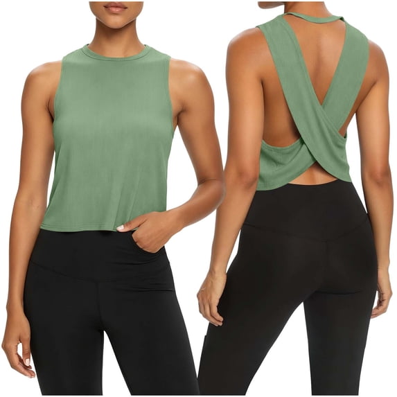 Yteetum Women's Open Back Workout Tank Tops Sleeveless Crewneck Backless Sports Gym Yoga Cropped Tops Solid Lightweight Comfy Ribbed Fitness Athletic Tanks