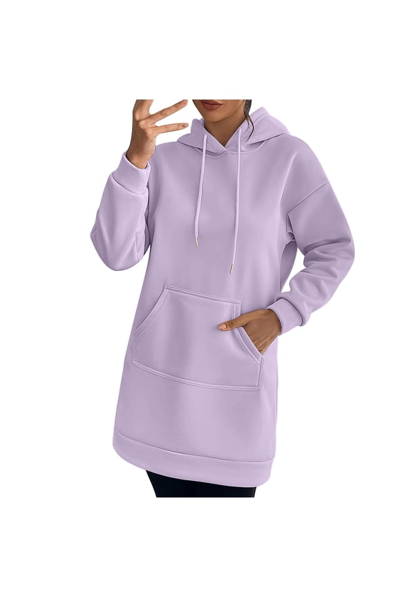 Women's Oversize Hoodies Dress Drawstring Slim Pullover Maxi Hoodie Dress Coats Womens Casual Solid Loose Long Sleeve Hooded Sweatshirt Dress with Belted Pockets Outerwear Fall Clothes