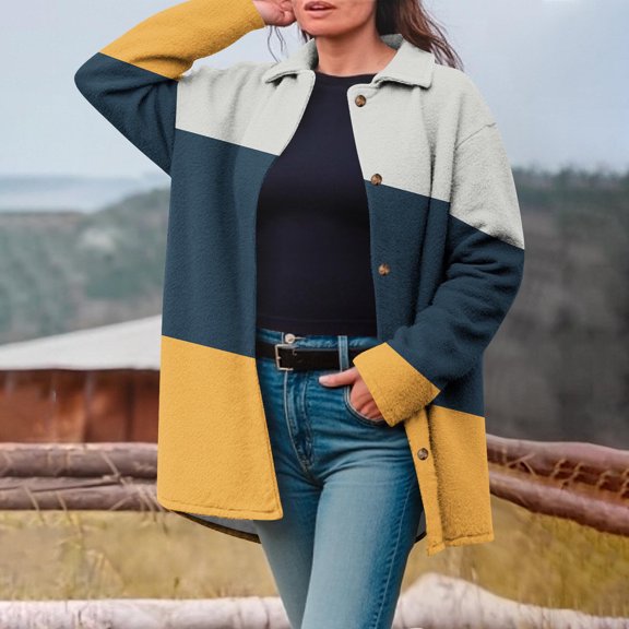 Yteetum Women's Oversize Striped Printed Coats Notch Lapel Single Breasted Pea Coat Mid Length Wool Blend Trench Coats Womens Casual Loose Long Sleeve Button Fleece Jackets Coats Winter Clothes