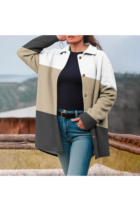 Women's Oversize Striped Printed Coats Notch Lapel Single Breasted Pea Coat Mid Length Wool Blend Trench Coats Womens Casual Loose Long Sleeve Button Fleece Jackets Coats Winter Clothes