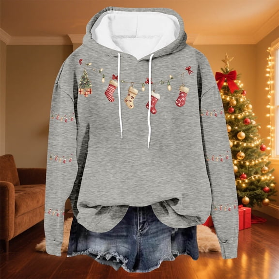 Yteetum Women's Oversized Christmas Hoodies Christmas Graphic Print Long Sleeved Fleece Hooded Sweatshirts Pullover Tops Womens Xmas Graphic Loose Drop-Shoulder Fleece Hoodies Fall Winter