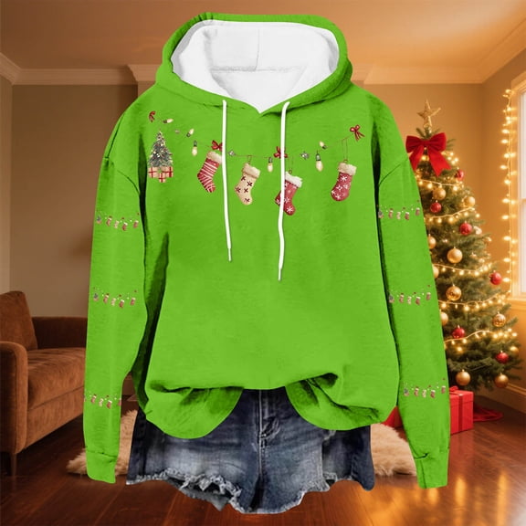 Yteetum Women's Oversized Christmas Hoodies Christmas Graphic Print Long Sleeved Fleece Hooded Sweatshirts Pullover Tops Womens Xmas Graphic Loose Drop-Shoulder Fleece Hoodies Fall Winter
