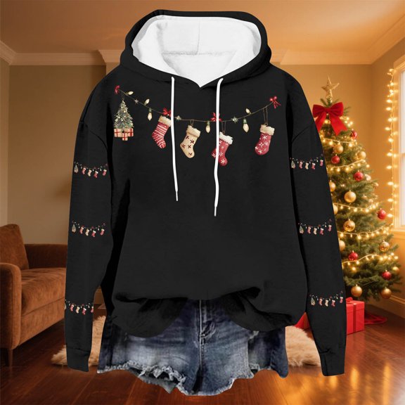 Yteetum Women's Oversized Christmas Hoodies Christmas Graphic Print Long Sleeved Fleece Hooded Sweatshirts Pullover Tops Womens Xmas Graphic Loose Drop-Shoulder Fleece Hoodies Fall Winter